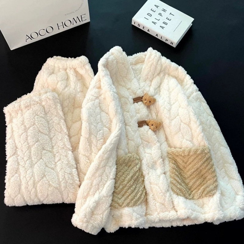 가을 겨울 여성 잠옷, 고급스러운 산호 벨벳 가디건, 울리스 플란넬, 따뜻한 플러스 벨벳 및 두꺼운 여성 가정복