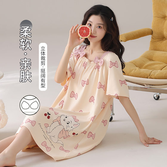2025 New Summer Pure Cotton Mid-Length Nightgown Home Clothes for Girls Cute Outer Wear Pajamas Female Fairy Style Cartoon