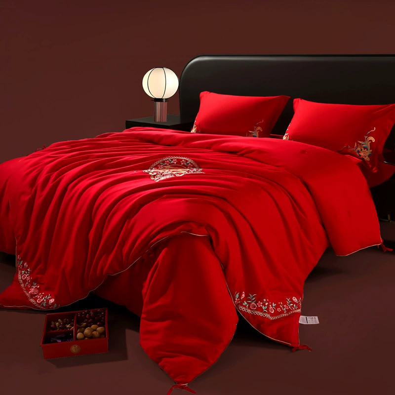 Новое одеяло из чистого хлопка с длинными волокнами, 60 штук, ярко-красное свадебное шелковое одеяло с вышивкой на все времена года.