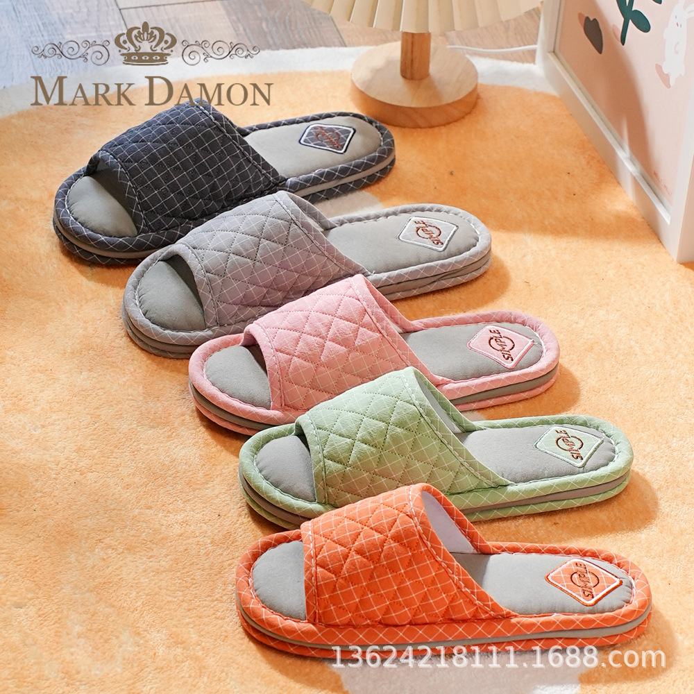 韩版男女三层布底无声加厚家居简约软底室内防噪音棉布地板拖鞋