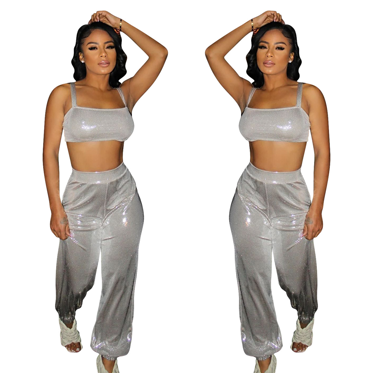 solid color bronzing camisole and pants two-piece set NSFFE125926