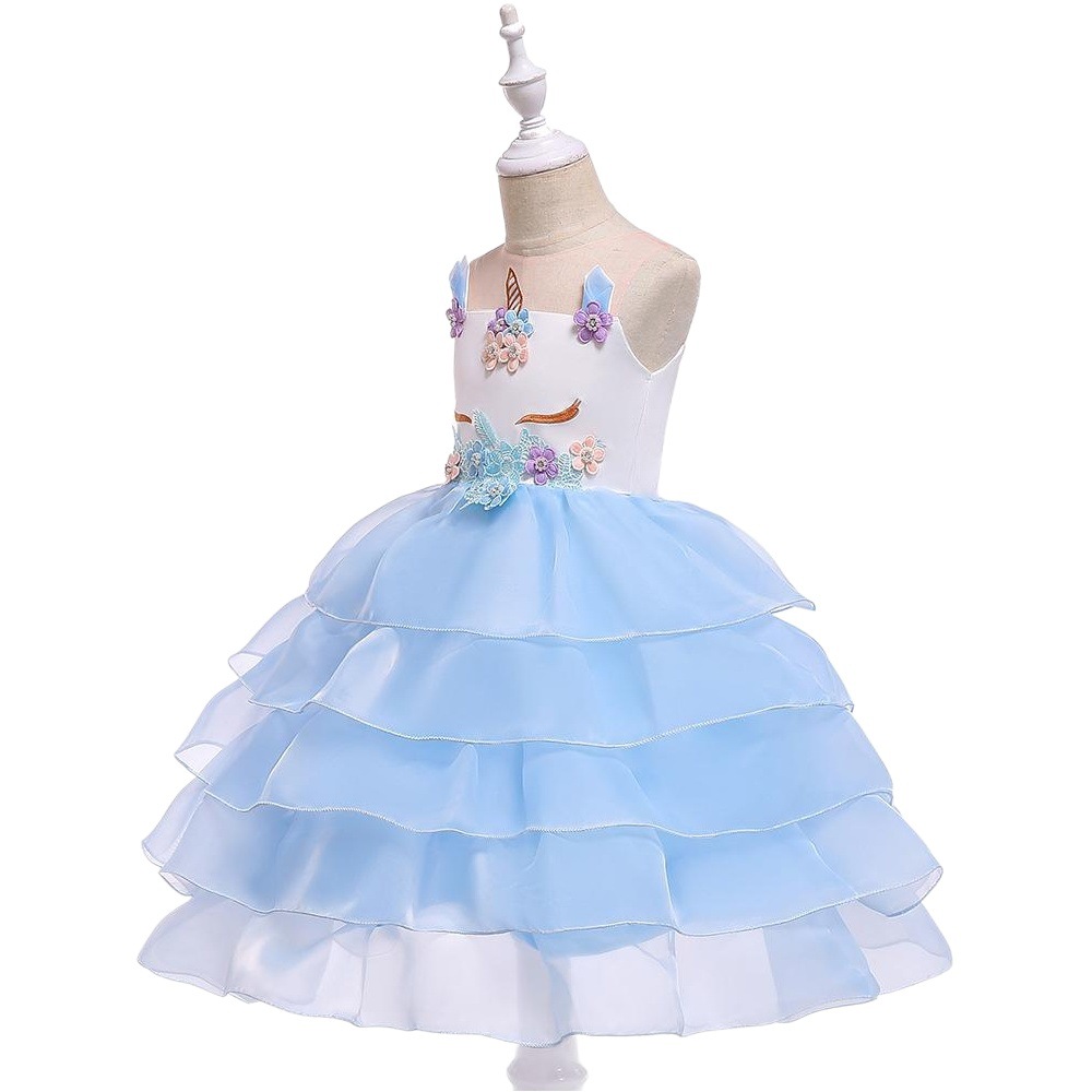 Vestido de niña transfronteriza europea y americana unicornio malla princesa puffy noche fiesta rendimiento vestido flor niña vestido de novia vestido