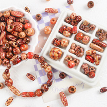 跨境印花大孔天然木珠 花纹水桶圆珠复古彩绘木珠diy手串饰品配件