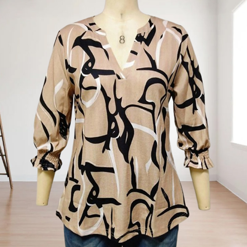 Amazon Independent Station Export 2025 New Fashion Casual Khaki Abstract Graphic 3/4 Mid-Sleeve Top