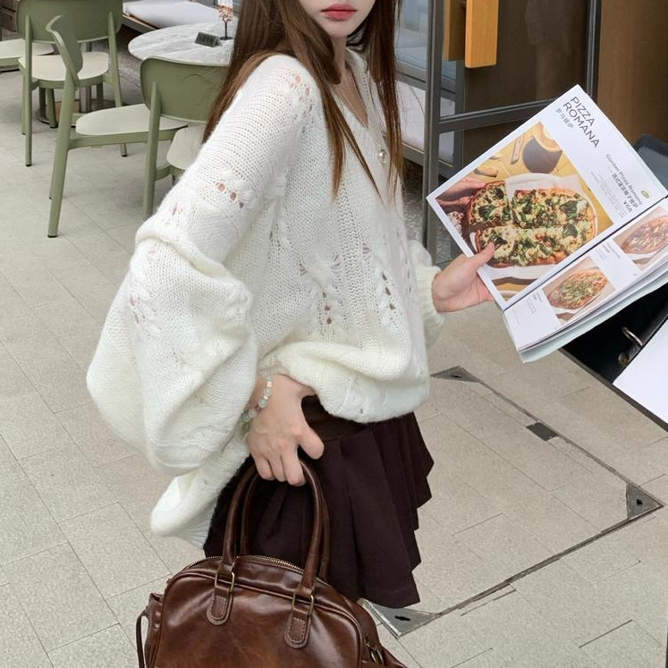 慵懒风不褪色复古韩版女镂空毛针织衫~立体感半裙套装咖色半身裙|undefined