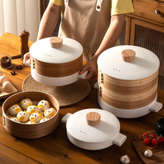 日本式蒸し器土鍋蒸し器付き鍋煮込み鍋竹製多層ホテル家庭用陶磁器蒸し器大トランペット浅鍋
