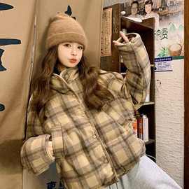 大码超好看复古格子短款羽绒棉服女秋冬季新款加厚保暖面包服外套