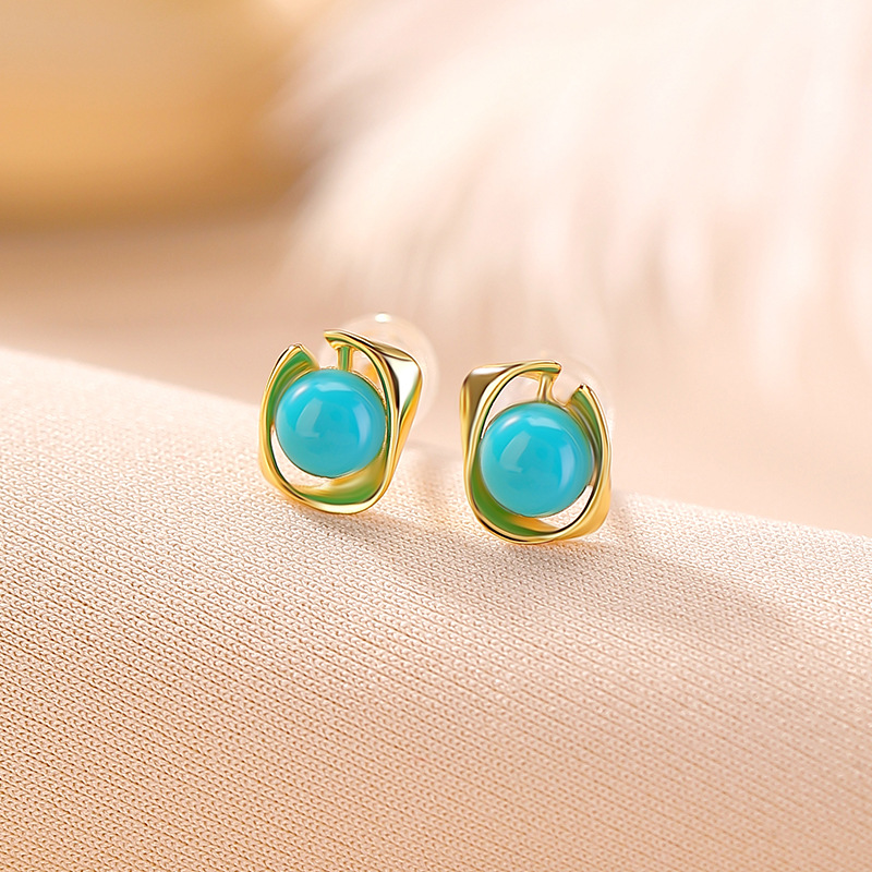 Khuyên tai bạc S925 mạ vàng đính đá turquoise hình học cá tính — Cặp đôi