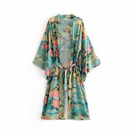 2025外贸跨境批发欧美女装荷花仙鹤印花系带和服开衫  8175