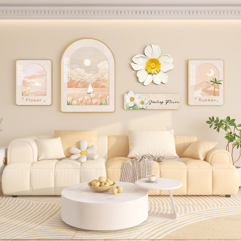 Cream Style Living Room Hanging Painting Nordic Sofa Background Wall Decorative Painting Advanced Sense Atmospheric Flowers and Green Plants Mural Combination
