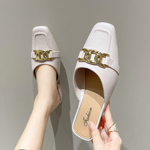 Baotou Half Slipper Women Fashion Outdoor Wear Chanel Style Lazy Slippers for Outdoor Use Anti-Slip Women Flat Sandals
