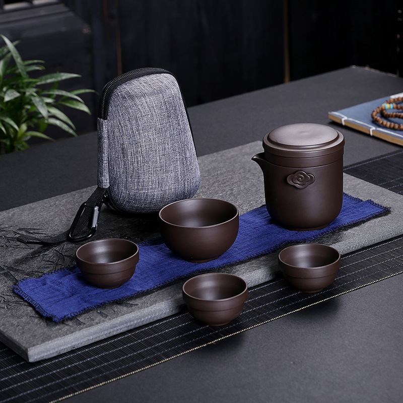 Juego de té de viaje una olla cuatro tazas taza Express portátil taza de té de arena púrpura para una persona que viaja con coche
