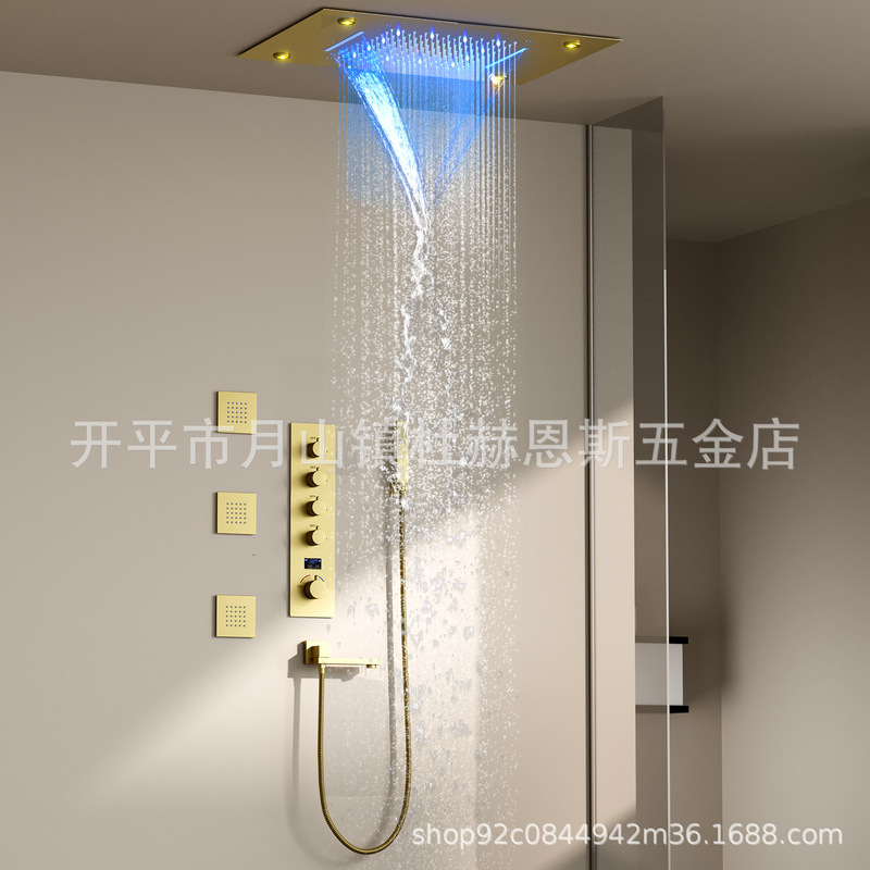 Wire drawing gold 360*500mm luxury LED shower suit multifunctional LED digital display hot and cold shower shower system