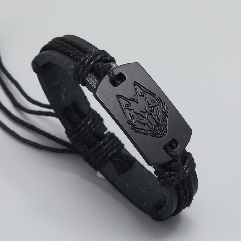 punk style menu0027s leather bracelet black wolf head multi-layer braided bracelet