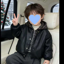 儿童加绒夹棉外套冬款男童假两件豹纹皮衣夹克衫加厚冬装洋气韩版