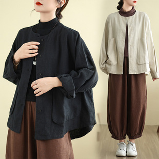 Real Shot of 2025 Autum New Retro Loose Sand-Washed Cotton and Linen Long-Sleeved Shirts Women's Cardigan Jacket Tops