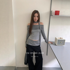 CXI  一字肩显瘦短款长袖T恤秋季新款美式辣妹露肩内搭修身上衣女