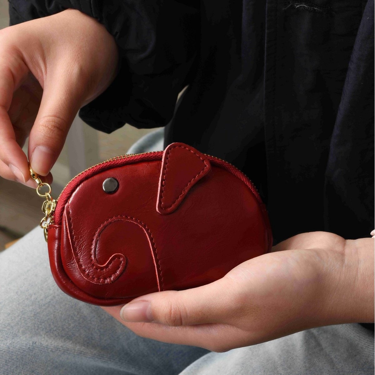 日系零钱包insleathercoinpurse牛皮大象迷你创意硬币包女可爱包