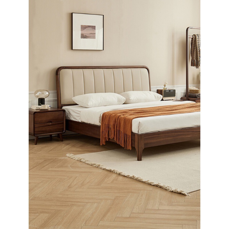 Nordic Black Walnut Wooden Bed Modern Simple Light Luxury Storage 1.8 m 1.5 m Double Full Solid Wood Leather Bed for Bedroom