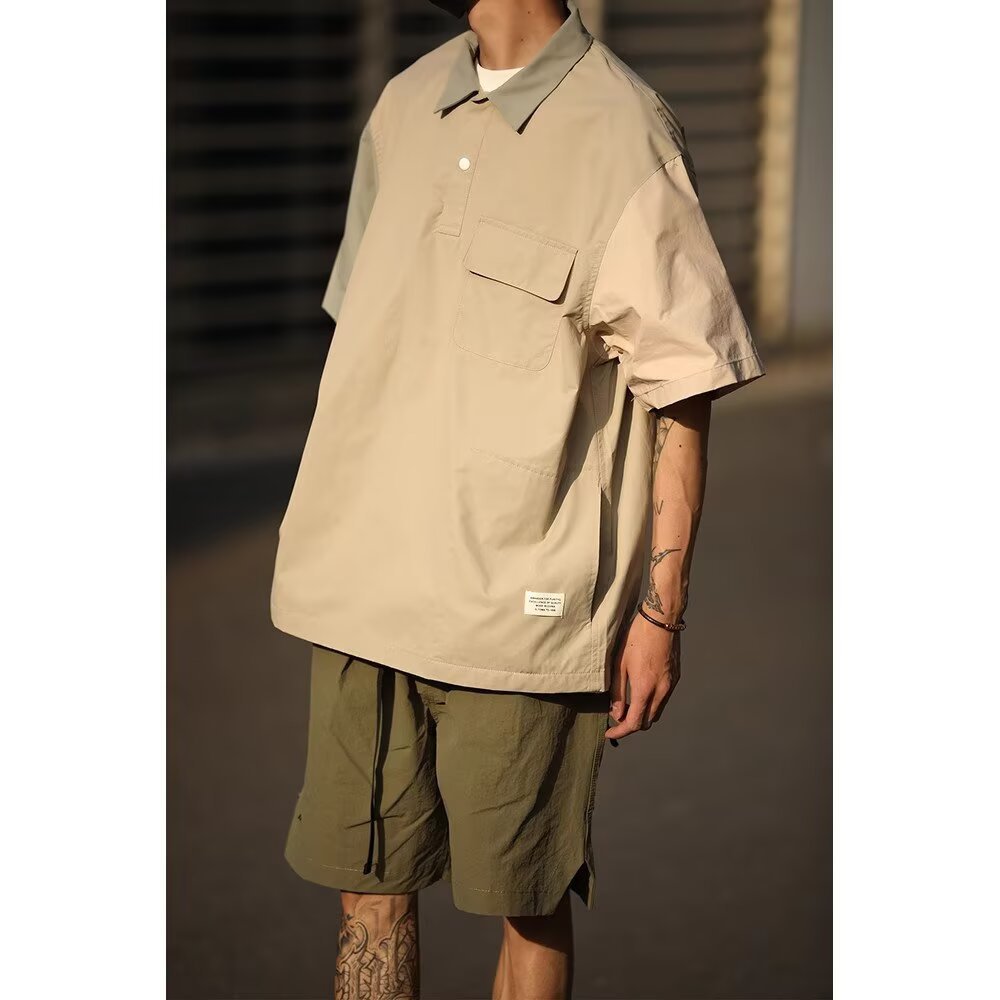 Verano japonés herramientas retro bolsillo polo collar suelto pareja de moda camisa de manga corta