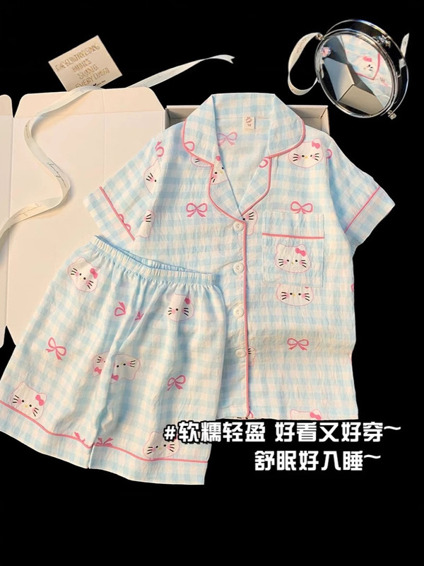 クラウドコットン女の子カーディガンパジャマ夏少女半袖漫画 KT 猫スーツ子供のホーム服は屋外で着用できます|undefined