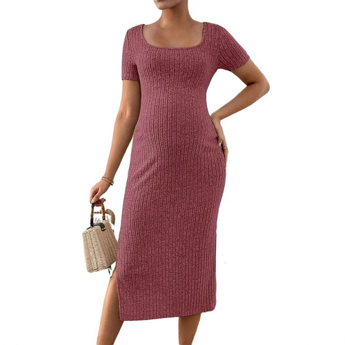 Maternity dress 2025 European and American French-style square neck side slit maternity dress, elegant knitting short-sleeve maternity one-piece dress
