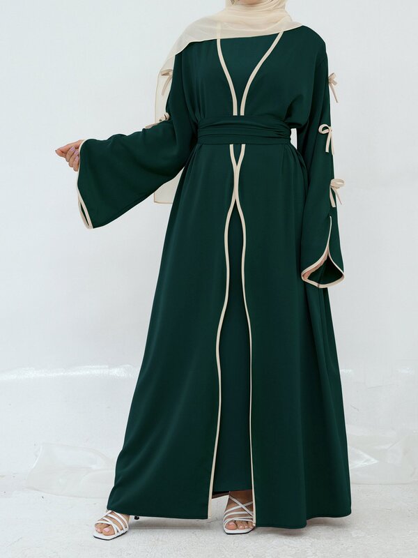 中東服アラビアカフタン無地リボンカジュアルロングスカートエレガントな気質のドレス女性ベルト付き|undefined