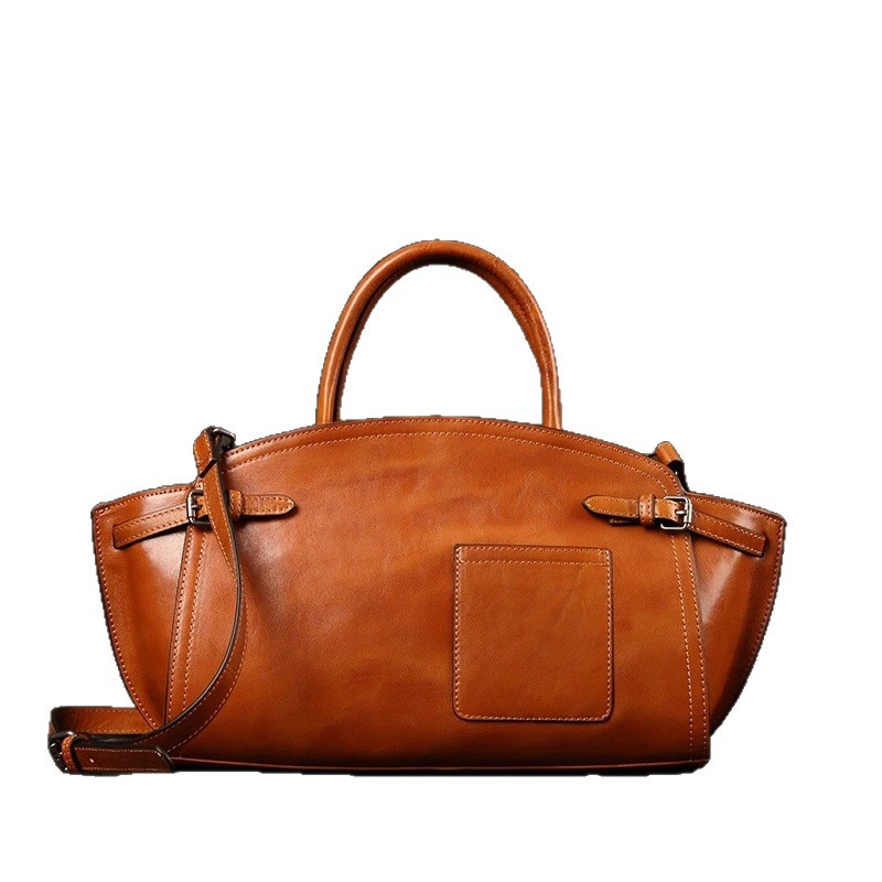 Luxury Genuine Leather Boston Bowling Bag Niche Design Retro Handbag Shoulder Underarm Bag Trendy - Thumbnail 5