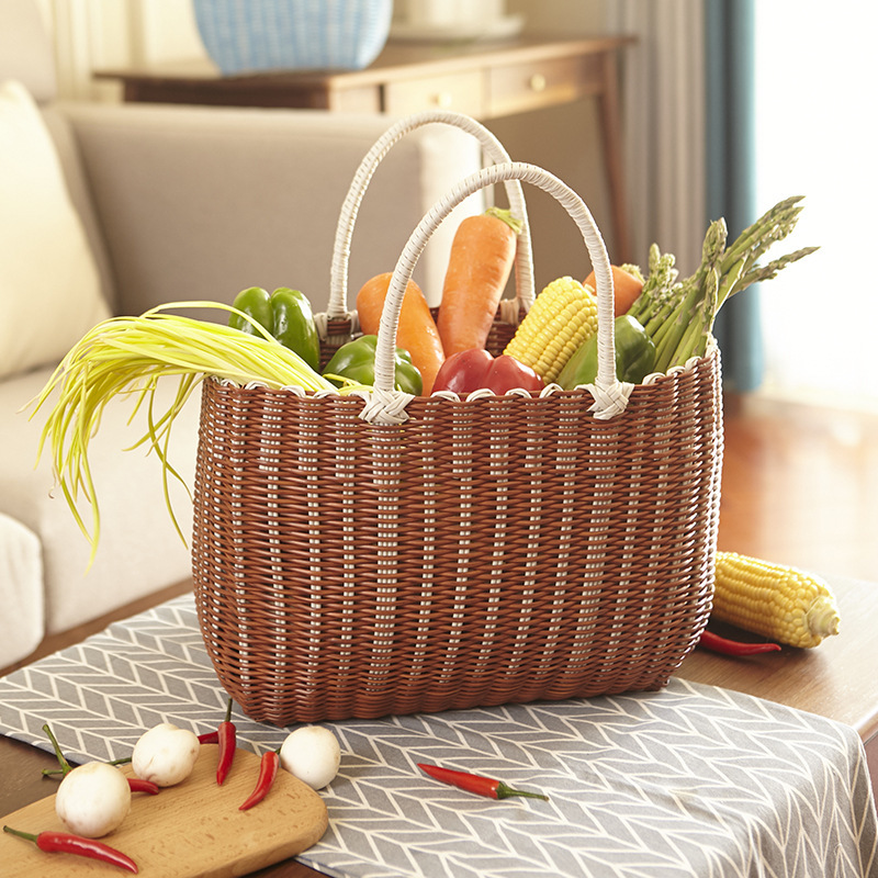 Imitation Rattan Woven Storage Hand Basket Hand-Woven Household Color Tube Grocery Shopping Storage Basket Outdoor Outing Picnic Basket
