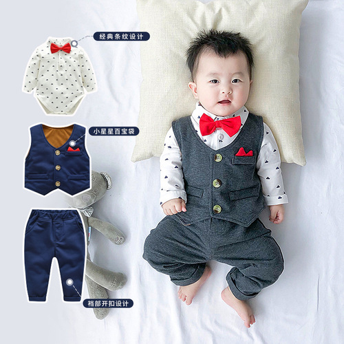 Children's Set 2024 Autumn New Korean Version Cross-border Dropshipping Boys' Formal Dress Set Infant Gentleman's First Birthday Clothing
