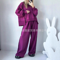 欧美跨境2025秋冬亚马逊新款圆领拼接卫衣抽绳运动长裤休闲套装女