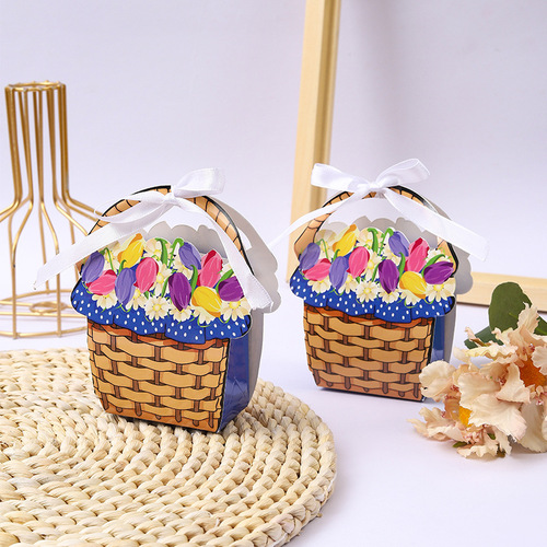 Cross-border hot selling color oil painting flower basket portable wedding candy snack packaging box wedding party souvenir gift box