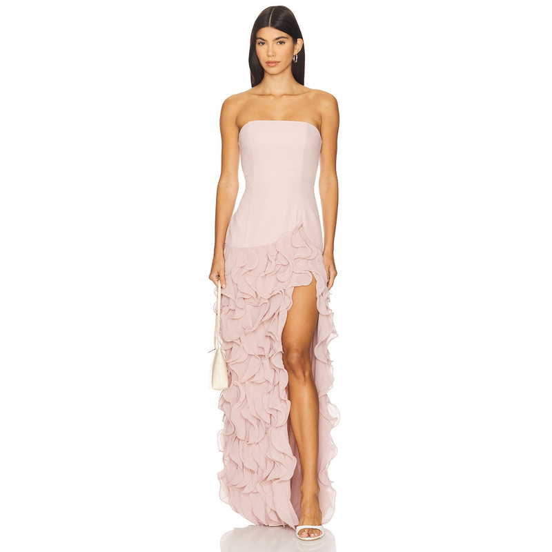 Multi-Layered Three-Dimensional Ruffled Light Pink Strapless Long Dress for Formal or Semi-Formal Occasions Such as Dinner, Wedding, Red Carpet, Etc