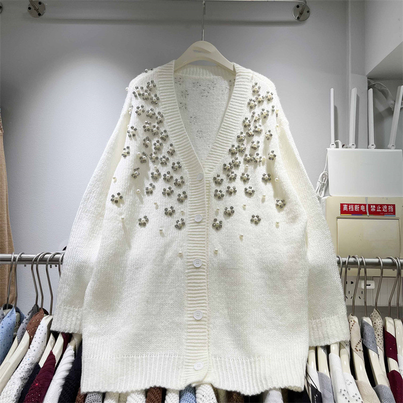 Lazy Style Loose Slimming Mid-Length V-Neck Single-Breasted Heavy Rhinestone Design Versatile Fashion Knit Cardigan