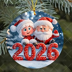跨境新款亚克力平面2D圣诞节2026圣诞老人与雪装饰挂件挂饰