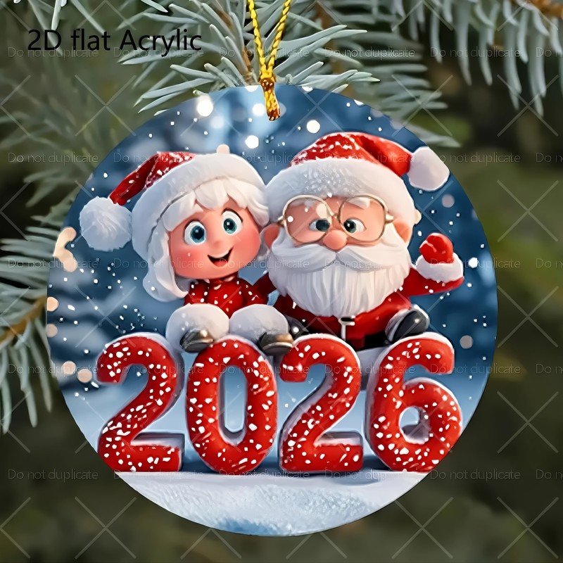跨境新款亚克力平面2D圣诞节2026圣诞老人与雪装饰挂件挂饰|undefined