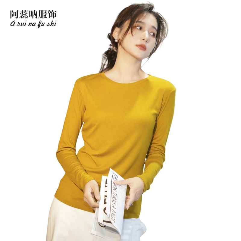 Autumn New Women's Long-Sleeved Base Layer Shirt, French Elegance, Slim Fit, Round Neck, Silk Inner Layer Shirt, Wholesale
