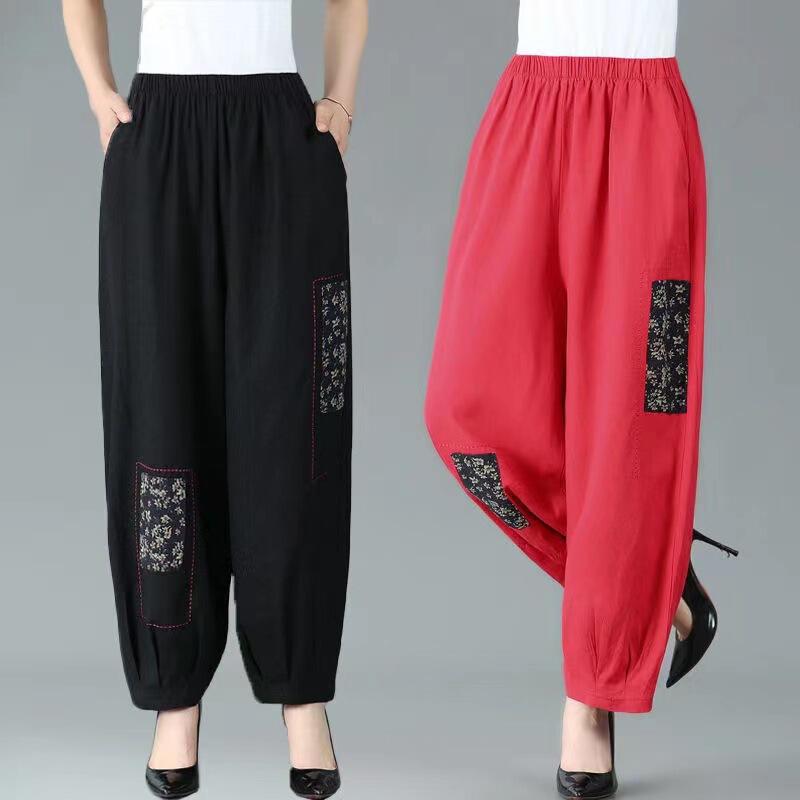 Embroidered Bloomers Women's Summer Linen Casual Cropped Wide-leg Pants Loose Large Size Casual Pants Mother's Ethnic Style