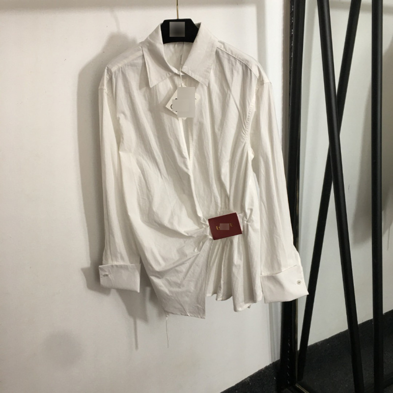 25 Export Cross-Border Hot-Selling New Logo Leather Label Asymmetrical Pleated Slim Lapel Fashionable Simple Long-Sleeved Shirt
