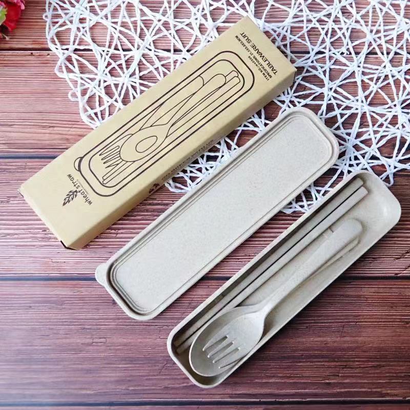 Trigo vajilla de tres piezas conjunto de paja de trigo vajilla traje palillos tenedor palillos regalo