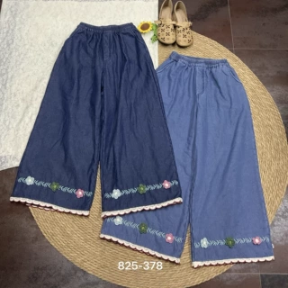 日系森女系 春装新品纯色松紧腰刺绣百搭水洗牛仔长裤女直筒裤