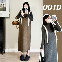 孕妇秋冬新款宽松百搭蕾丝吊带背心裙+中领打底针织衫潮妈两件套