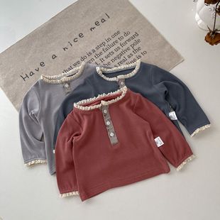 INS spring and autumn baby lace collar thin pit stretch T-shirt women's floral placket long sleeve bottoming shirt