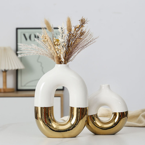 Cross-border light luxury modern wind power plated ceramic vase, high-end artistic creative floral arrangement ceramic craft, decorative item