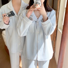实拍2024韩国ins条纹女士睡衣情侣款家居服男秋冬款长袖夹棉套装
