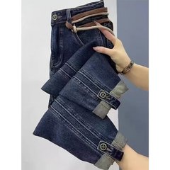 ハイウエストのハーロンジーンズの女性春秋の新型の梨の形の体つきの大きいサイズの太っている妹のmmはやせている小さい体のダイコンのズボンを現します。