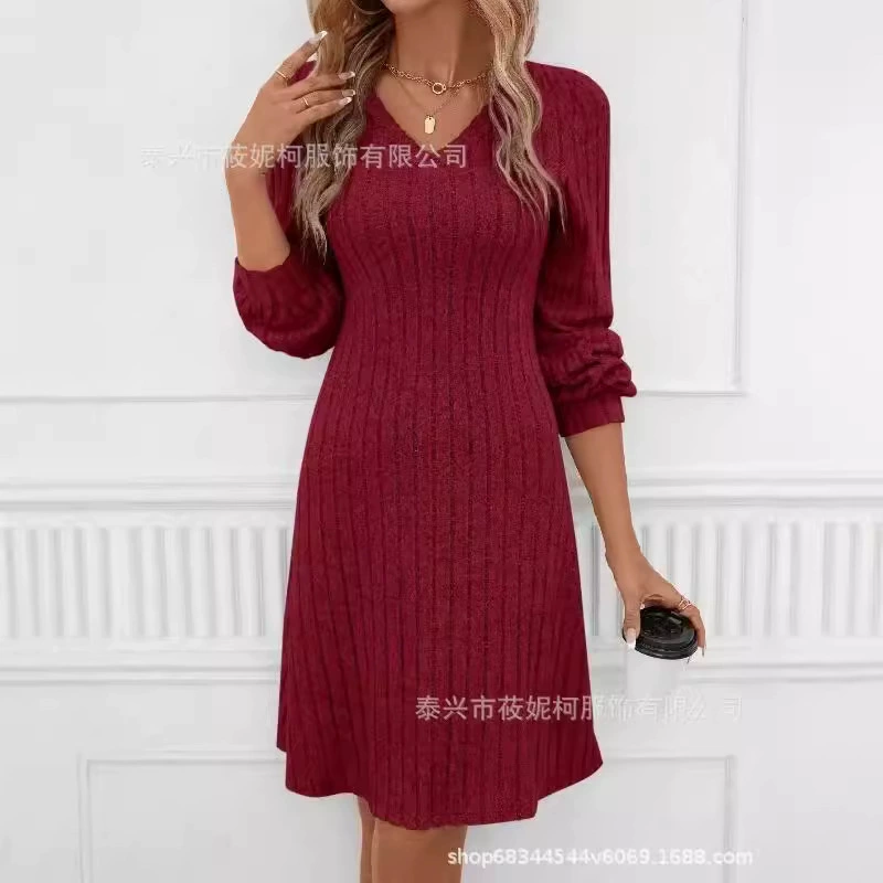 2024 осень и зима новый Amazon трансграничный Европа и США, бордовое красное платье с высокой талией, тонкое платье среднего и длинного платья для женщин