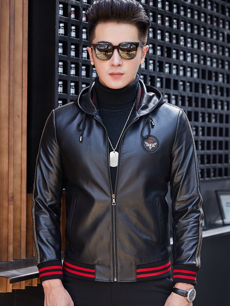 Sheepskin Genuine Leather Jacket for Men, Hooded Casual Wear, Thin Style for Spring and Autumn, Haining Leather Jacket, Single Jacket, Pure Leather