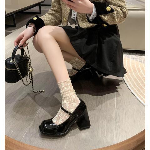Women's 2025 New Style High Heel Mary Jane Shoes with One-Buckle Retro Black Small Leather Shoes Square Toe Polished Leather Fashion Single Shoes