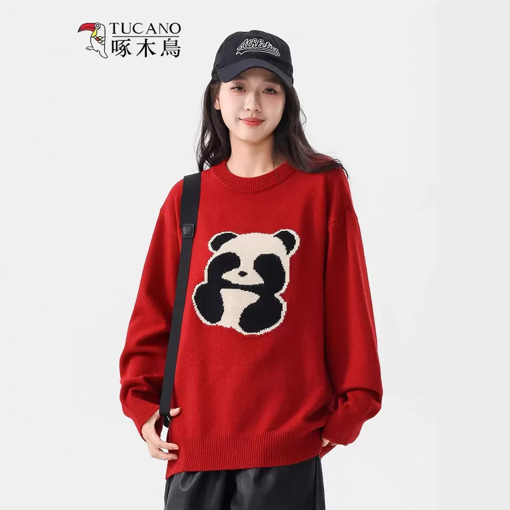 啄木鸟小熊猫毛衣女款秋冬潮流新款高级感慵懒加厚内搭圆领针织衫